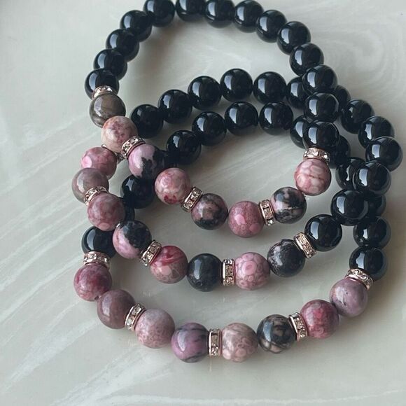Rose coral jasper rhodonite obsidian ONE stretch bracket NEW handmade rhinestone - Picture 10 of 11